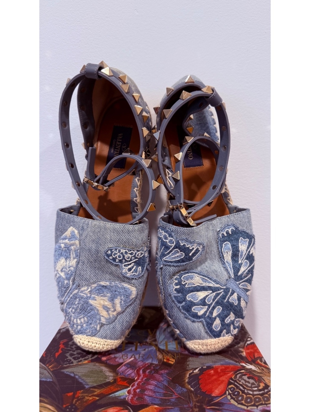 Valentino Denim Butterfly Embroidered Espadrille Flats with Rockstud Ankle Strap